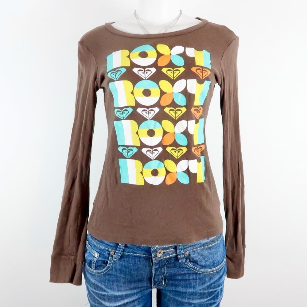 vintage roxy y2k brown long sleeve graphic tee 2000s surf skate top xl